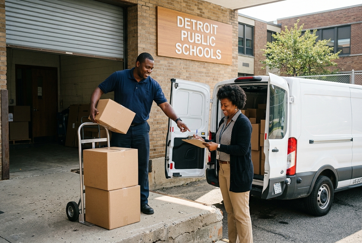 A delivery professional handing school supplies to a Metro Detroit school staff member